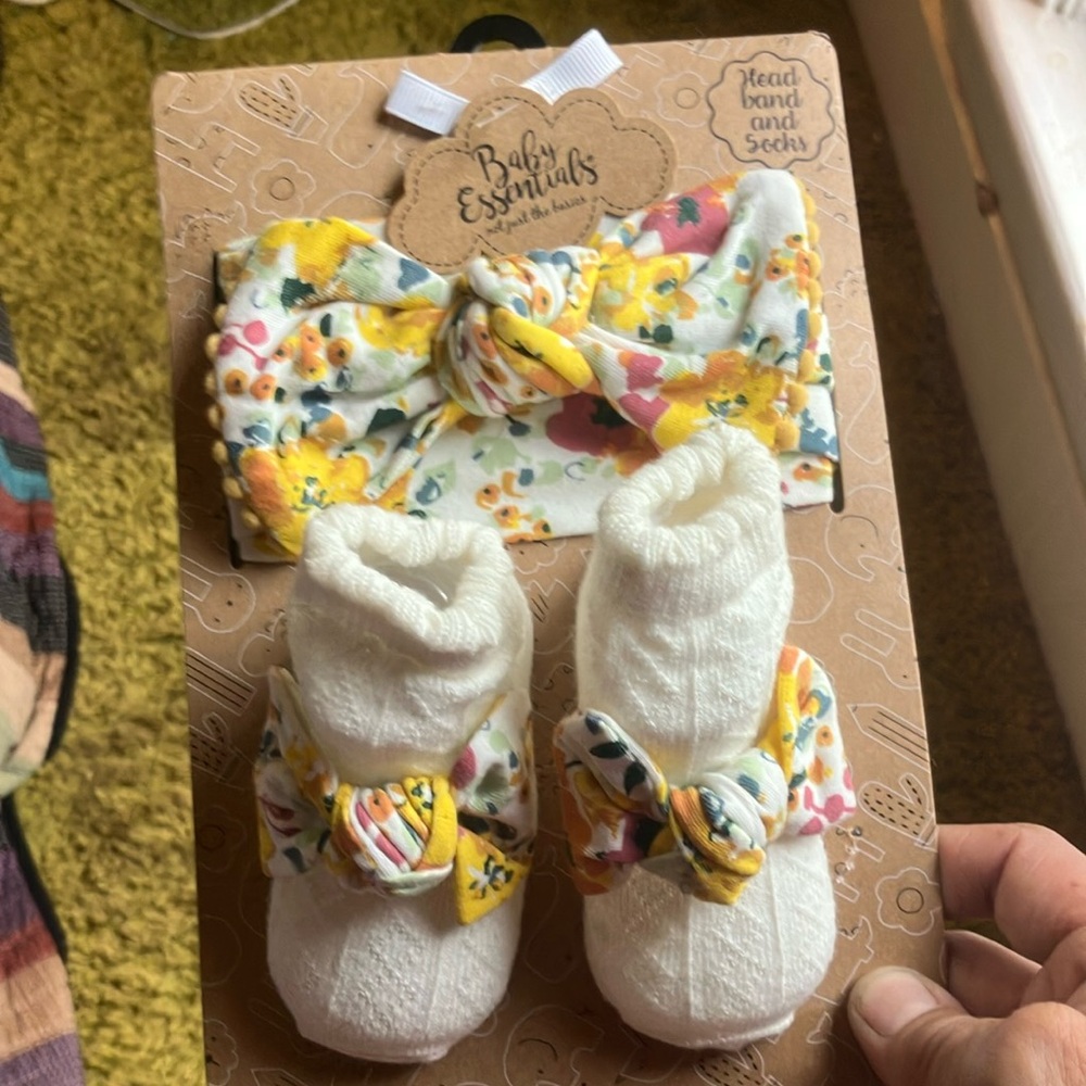 Baby Essentials Yellow and Pink Floral Headband and Booties